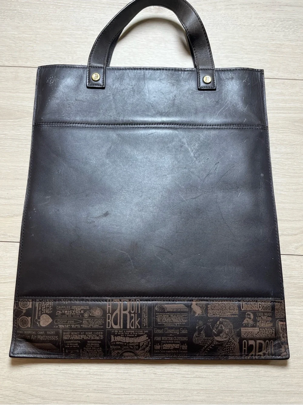Aaron Barak Men's Dark Brown Leather Tote Bag with Patterned Base